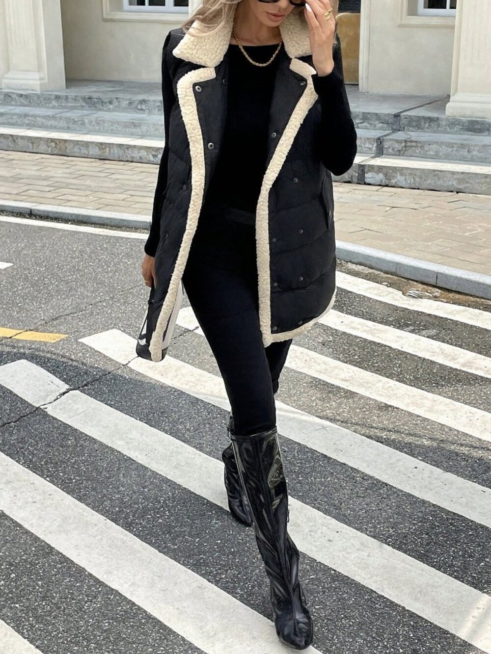 Black Casual Women's sherpa detailed Geometric Quilted Padded Sleeveless Vest - Picture 7 of 8